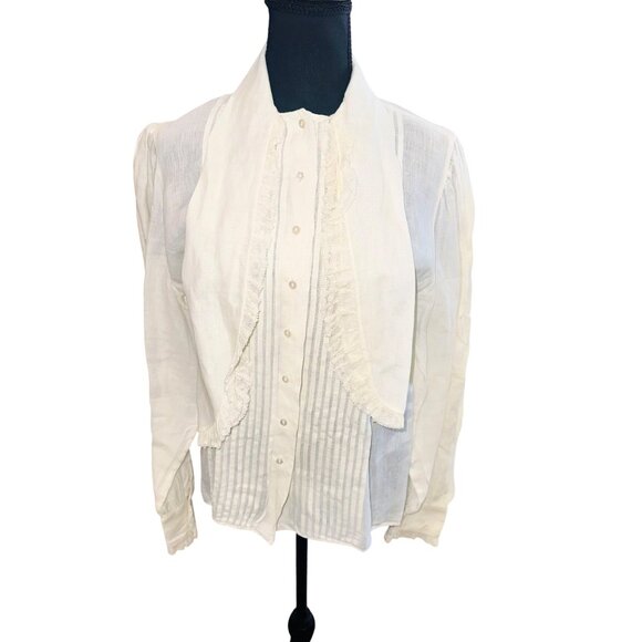 Vintage Gloria Sachs Prairie Peasant 80s White Pleated Lace Cotton Blouse 10 - Picture 4 of 14